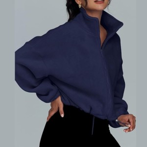 欧美外贸跨境亚马逊独立站2023新款女装秋冬宽松立领开衫拉链卫衣