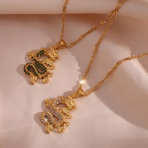 Vintage 18K Gold Plated Chinese Dragon Micro Pave Zircon Pendant Necklace 316L Stainless Steel Necklace