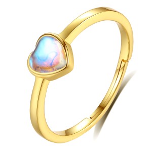 Merryshine elegant jewelry 925 Sterling silver gold women adjustable heart natural real moonstone gemstone rings