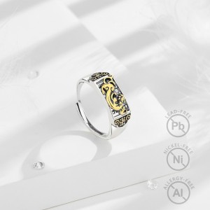 Merryshine 925 Sterling silver wealth mantra protection womens gold feng shui PiXiu adjustable ring