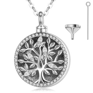 925 Sterling Silver Cubic Zircon Cremation Tree of Life Ash Memorial Pendant Necklace